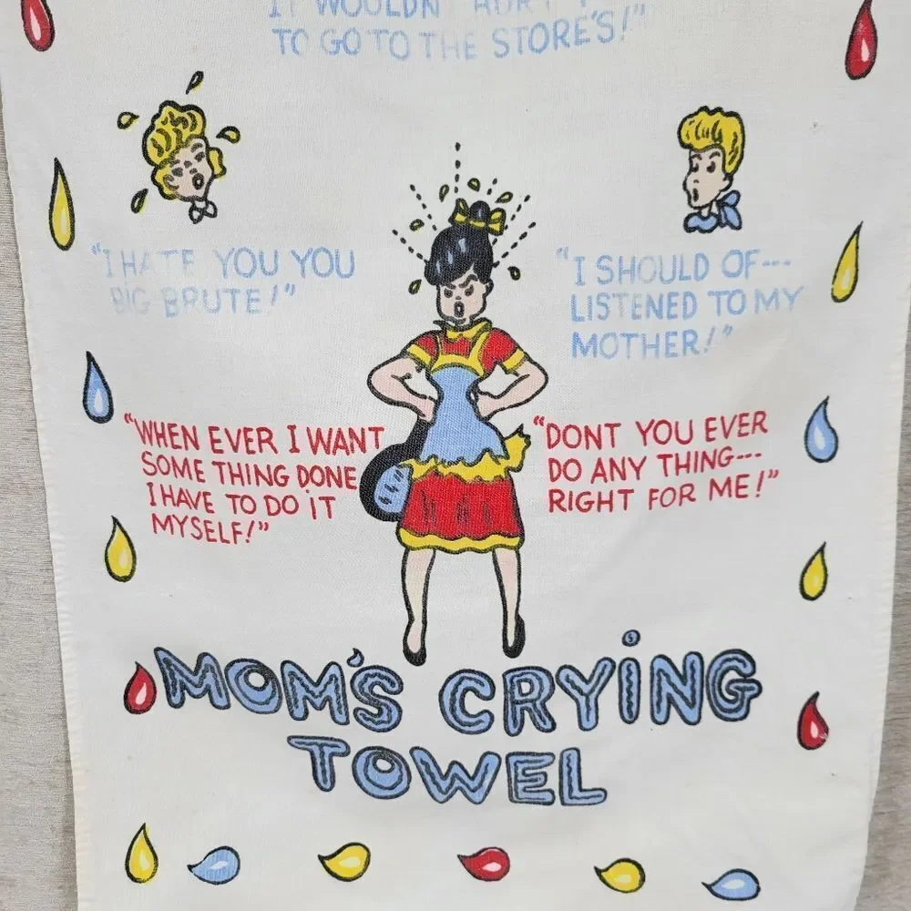 Mom's and Pop's Vintage Crying Towel with Colorful Cartoon Designs